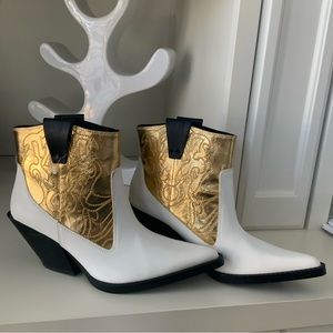 ZARA Western Leather Cowboy Boots White & Gold Women’s Size USA 6 BRAND NEW